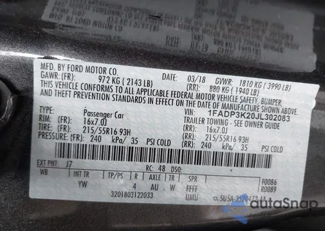 2018 Ford Focus Se из США, поврежденный, VIN 1FADP3K20JL302083